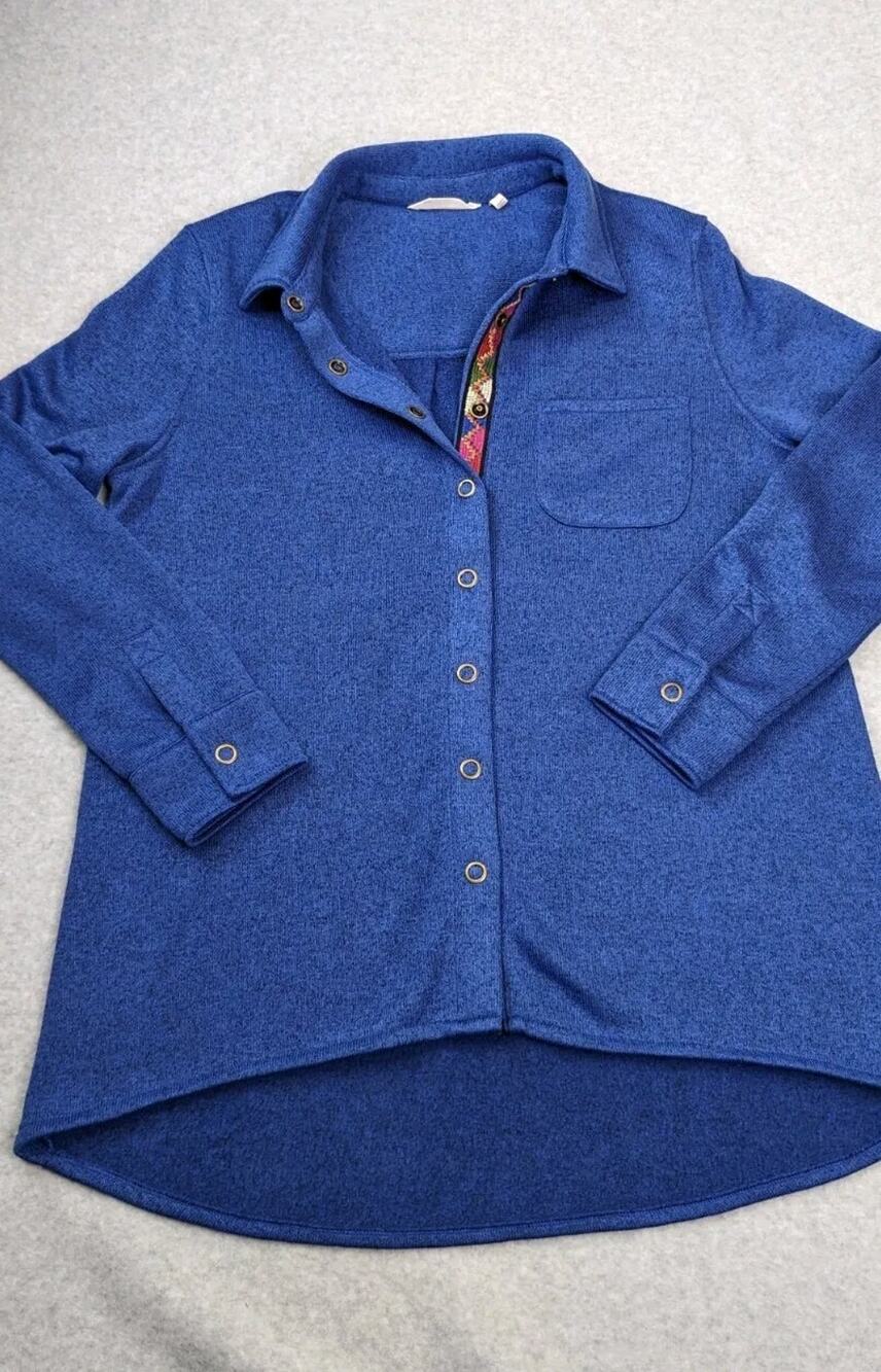 Soft Surroundings Shacket Womens XL Blue Hi-Low Shirt Jacket Aztec Trim Snap